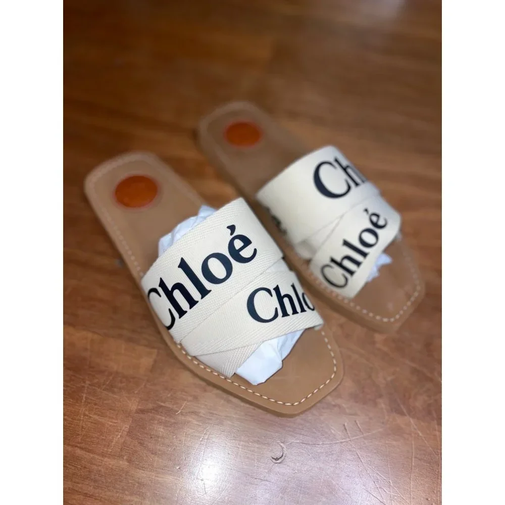 Chloé Brown Leather Slide Sandals with Cream Logo Straps - Picture 5 of 15